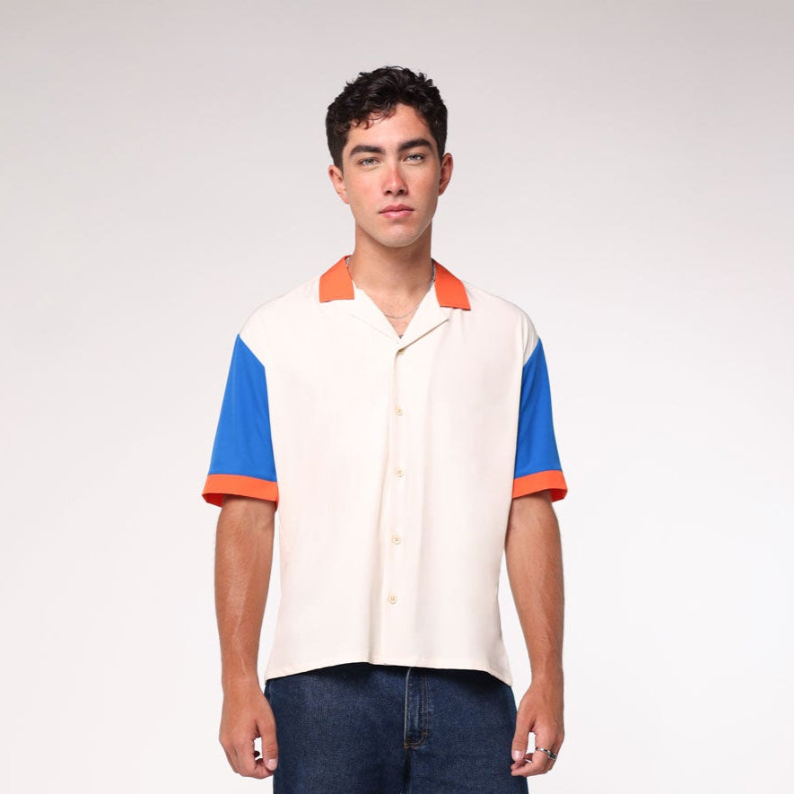Camisa Bowling Color Block Beige/Azul D04