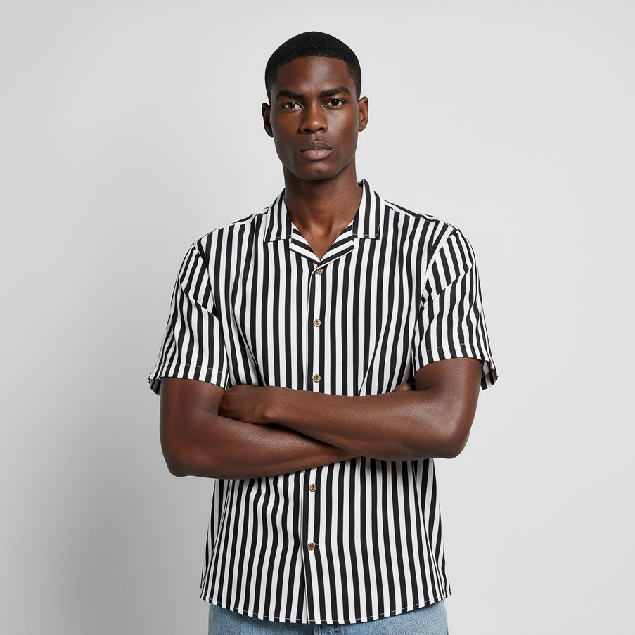 Camisa Bowling Rayada Blanco/Negro C201