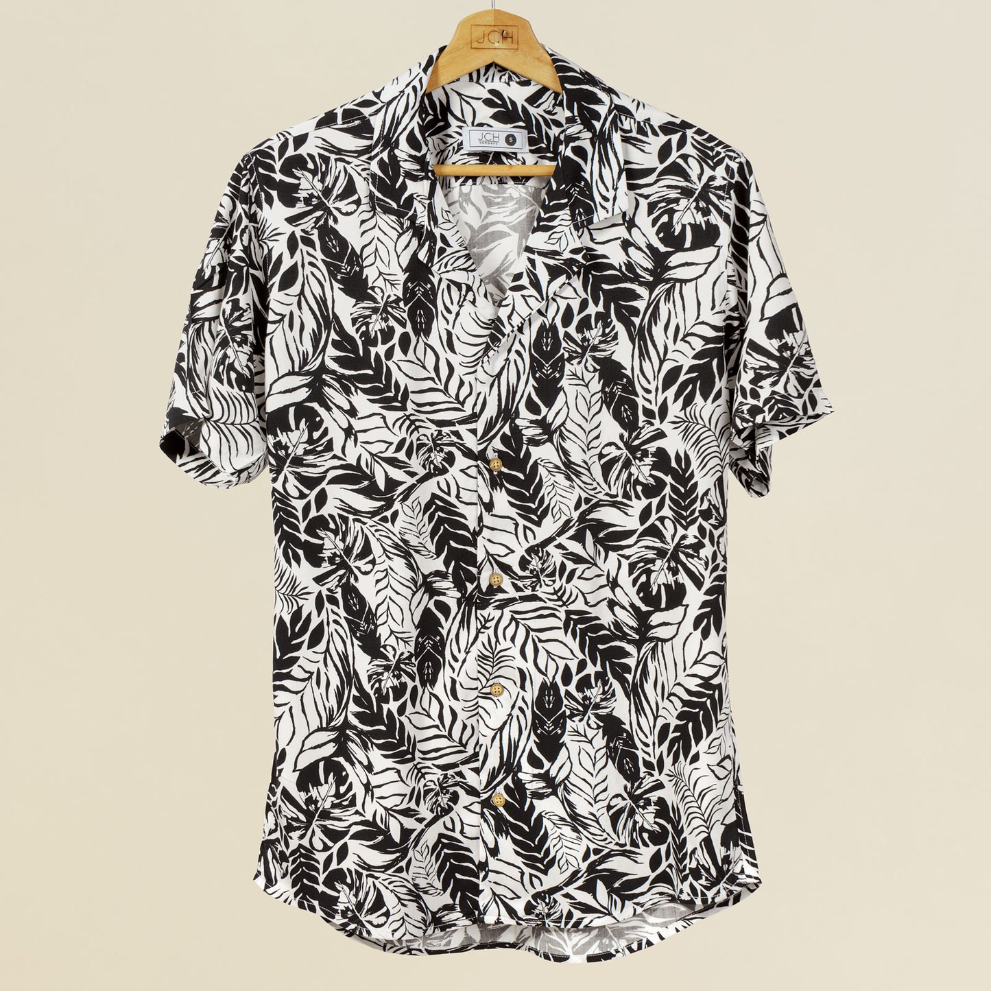 Camisa Bowling Estampada Hojas Blanco Negro P70