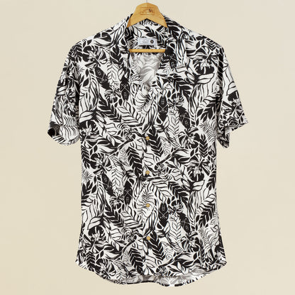 Camisa Bowling Estampada Hojas Blanco Negro P70