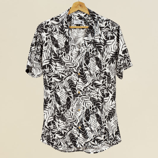 Camisa Bowling Estampada Hojas Blanco Negro P70