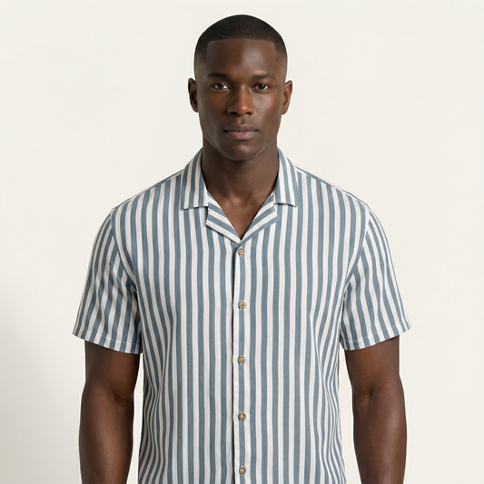 Camisa Bowling Rayada Blanco/Azul C202