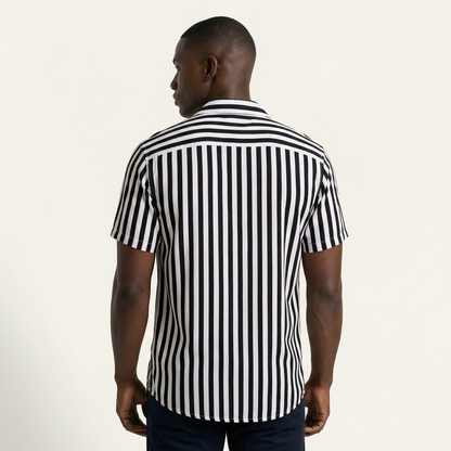 Camisa Bowling Rayada Blanco/Negro C201