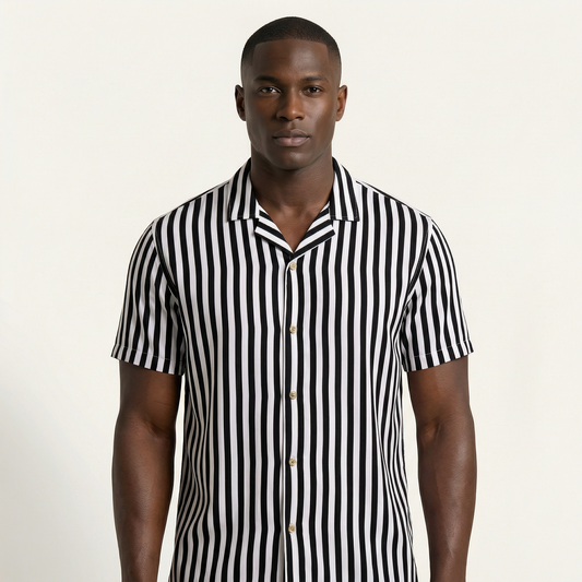 Camisa Bowling Rayada Blanco/Negro C201